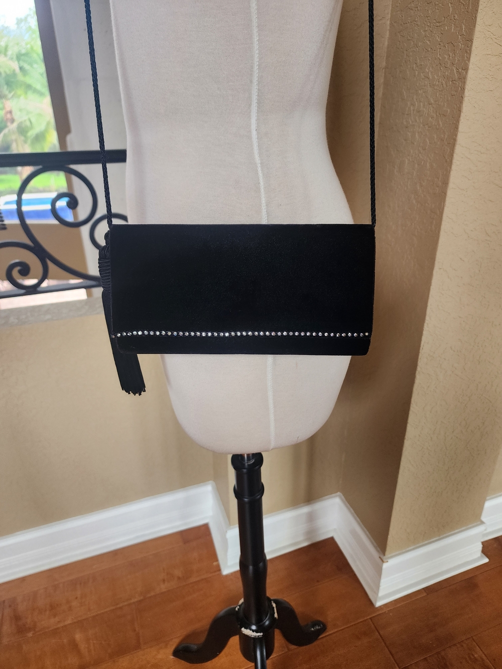 Black Suede Clutch with Rhinestone Accent and Tassel Strap